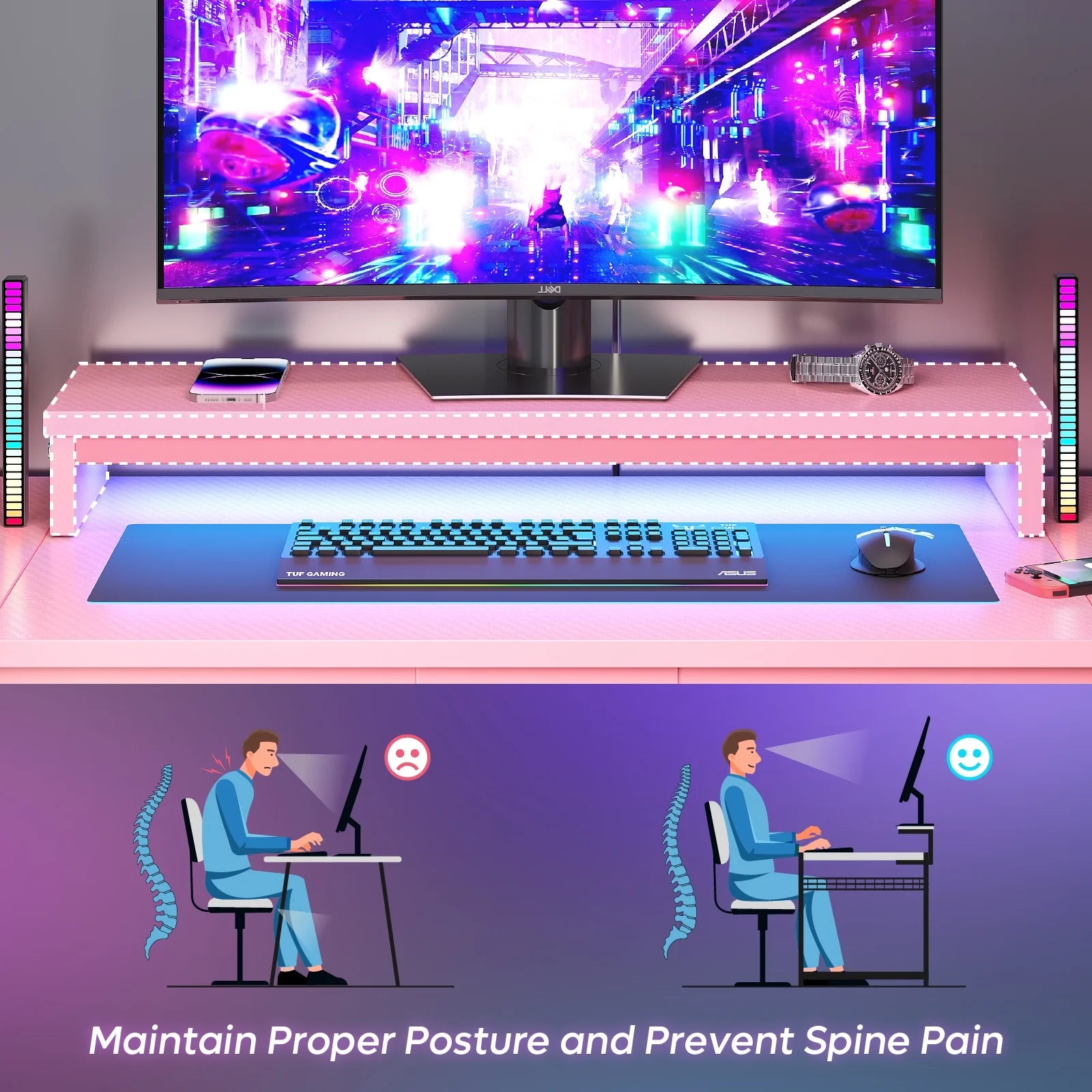 51 Inch Pink Gaming Desk with LED Lights, U-Shaped Computer Desk with Monitor Stand, Hooks and Cup Holder, Home Office Desk