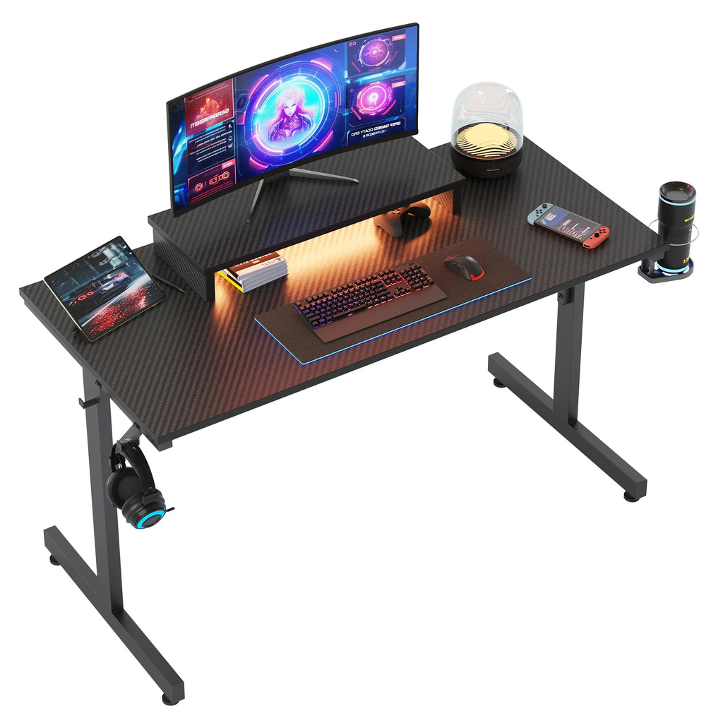 42" PC Computer Gaming Desk with LED Lights & Monitor Stand & Headphone Hook & Cup Holder, Black
