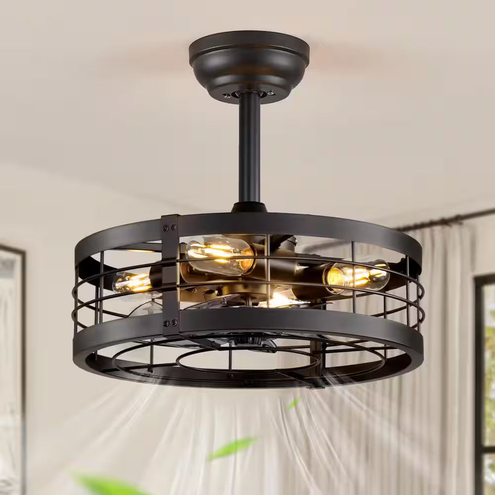 16.5 In. Indoor Black Ceiling Fan Caged Ceiling Fan with Lights and Remote Industrial Enclosed Ceiling Fan