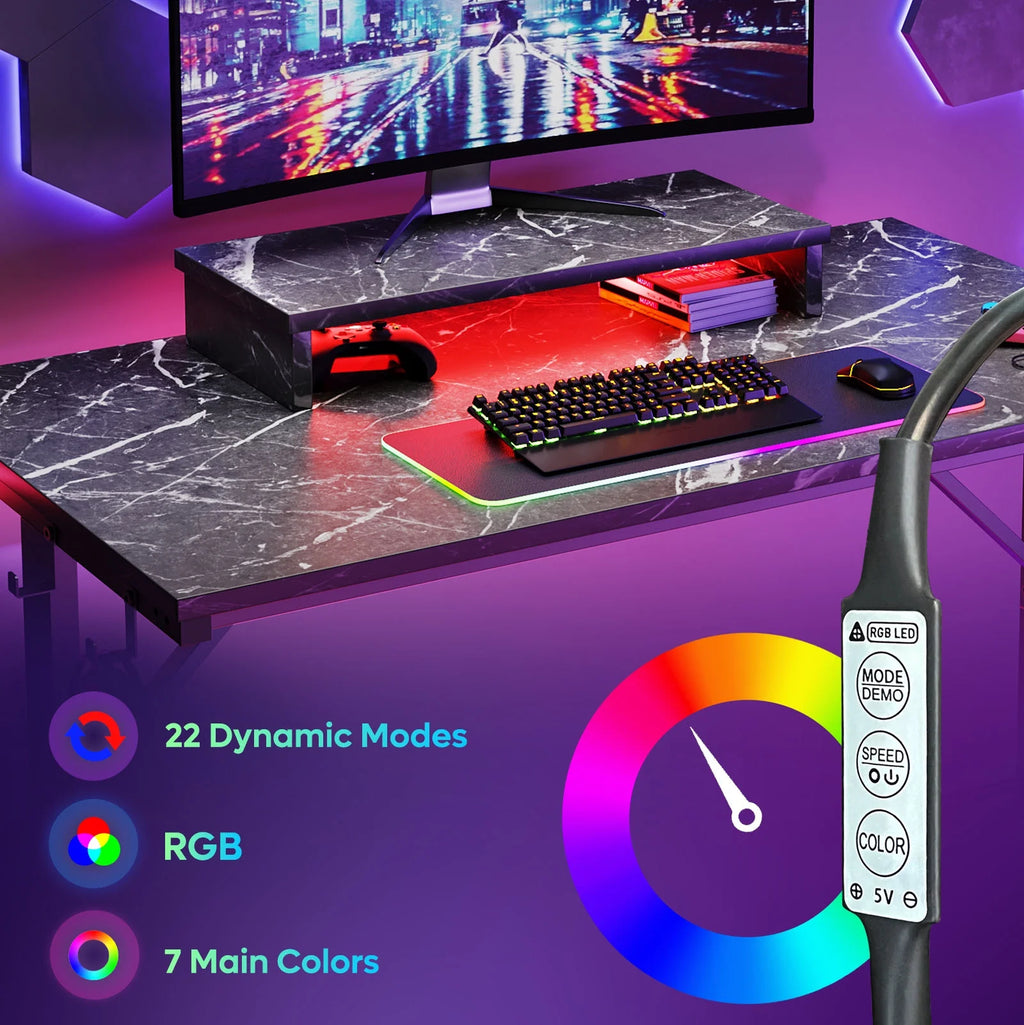 42" LED Gaming Desk PC Computer Office Gamer Table Desk with Monitor Stand in Black Marble