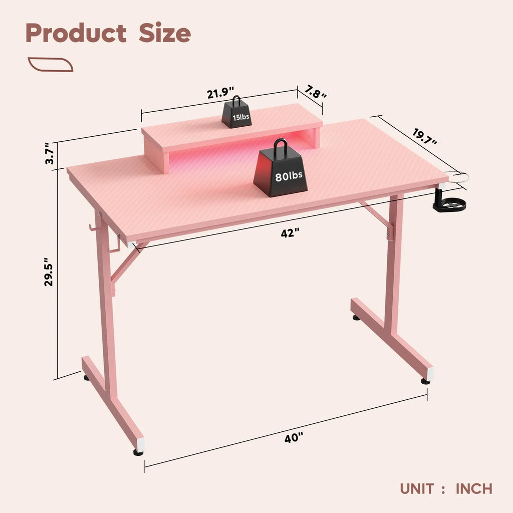 42" LED Gaming Desk PC Computer Office Gamer Table Desk with Monitor Stand, Pink