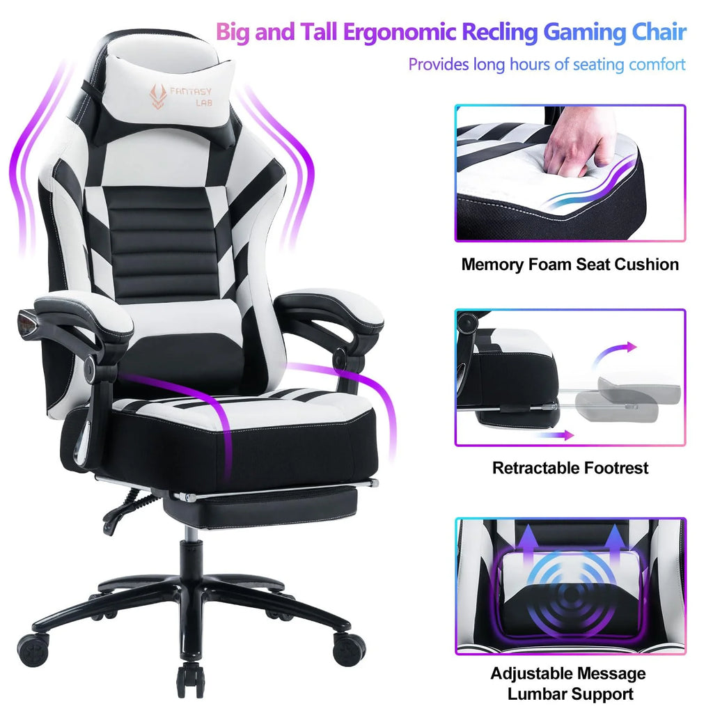 Big and Tall Gaming Chair with Footrest 401Lbs Massage Gamer Chair with Memory Foam Adjustable Tilt Back Angle & Armrest, High Back Leather Computer Office Chair