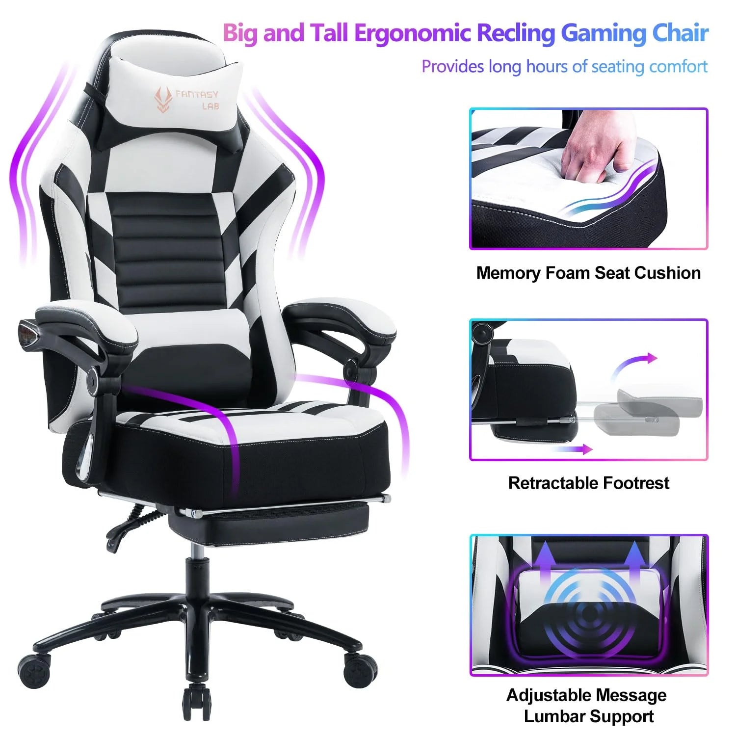 Big and Tall Gaming Chair with Footrest 401Lbs Massage Gamer Chair with Memory Foam Adjustable Tilt Back Angle & Armrest, High Back Leather Computer Office Chair
