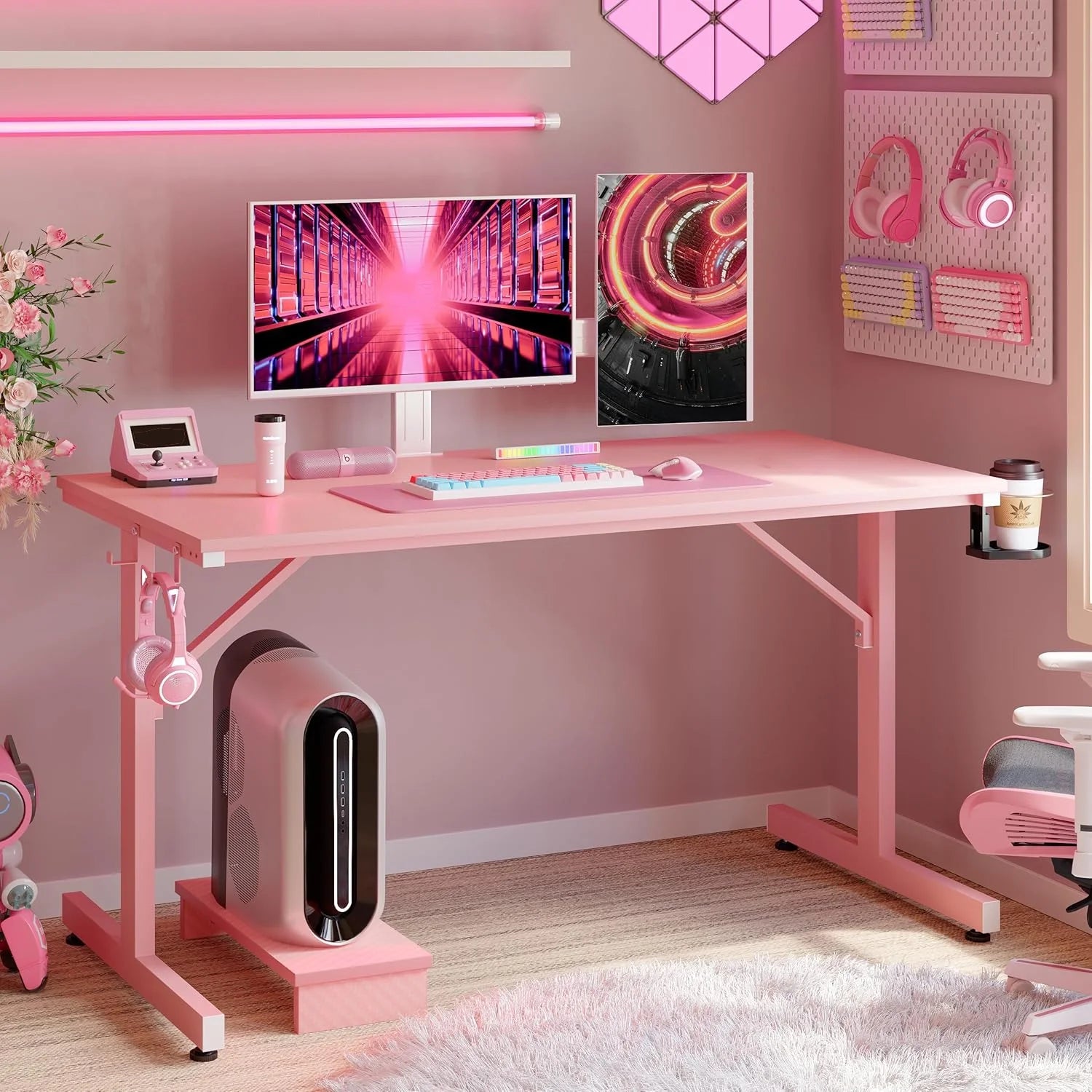 42" LED Gaming Desk PC Computer Office Gamer Table Desk with Monitor Stand, Pink