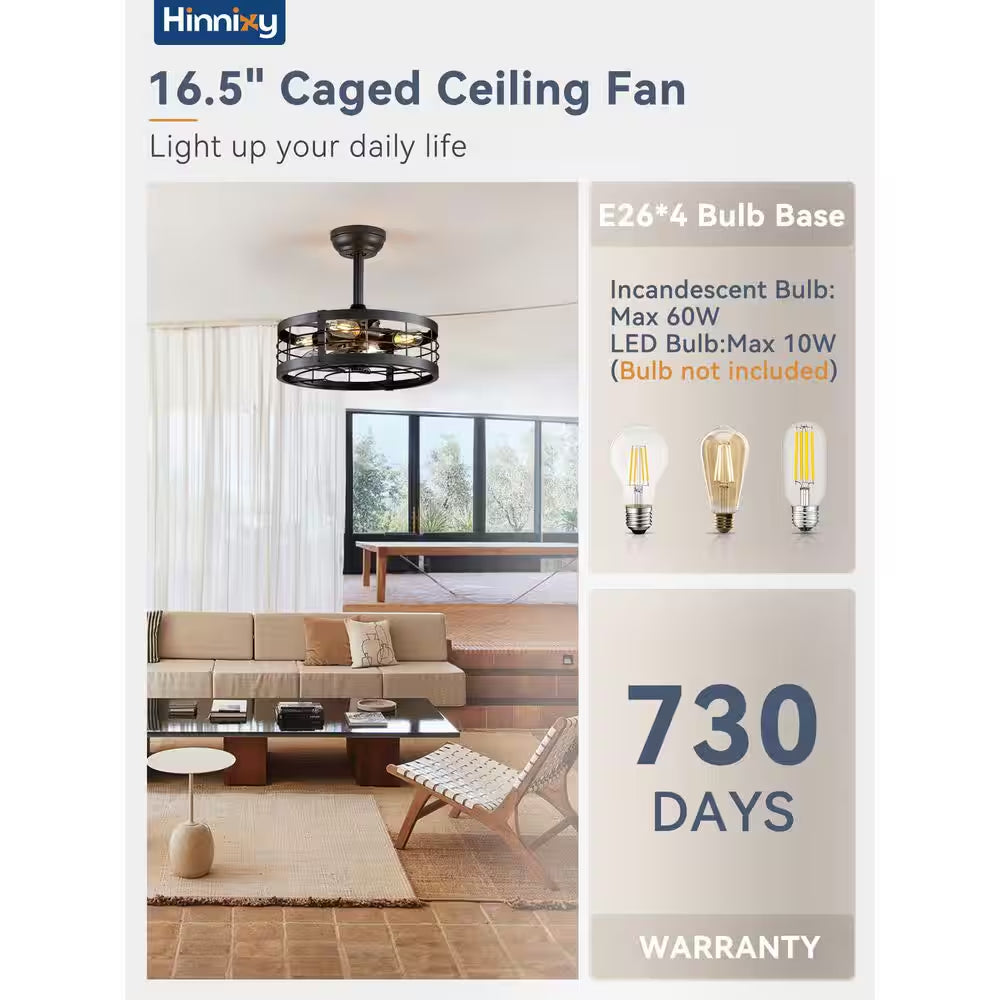 16.5 In. Indoor Black Ceiling Fan Caged Ceiling Fan with Lights and Remote Industrial Enclosed Ceiling Fan