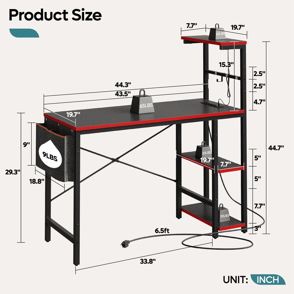 44 Inch LED Gaming Desk with Outlets & USB Ports Computer Desk with Storage Shelves in Black Carbon Fiber
