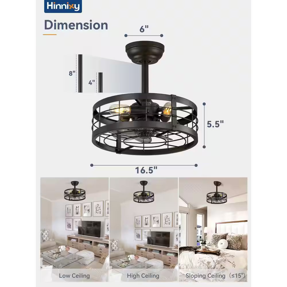 16.5 In. Indoor Black Ceiling Fan Caged Ceiling Fan with Lights and Remote Industrial Enclosed Ceiling Fan