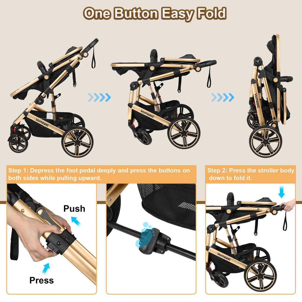 Baby Stroller, Foldable Aluminum Alloy Stroller with Reversible, Travel Stroller for Newborn Infant, Black