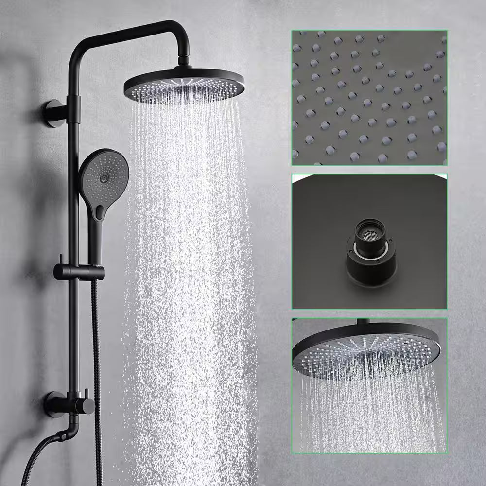 3-Spray Wall Bar round Rain Shower Faucet Kit with Handheld Shower in Matte Black (Valve Not Included)