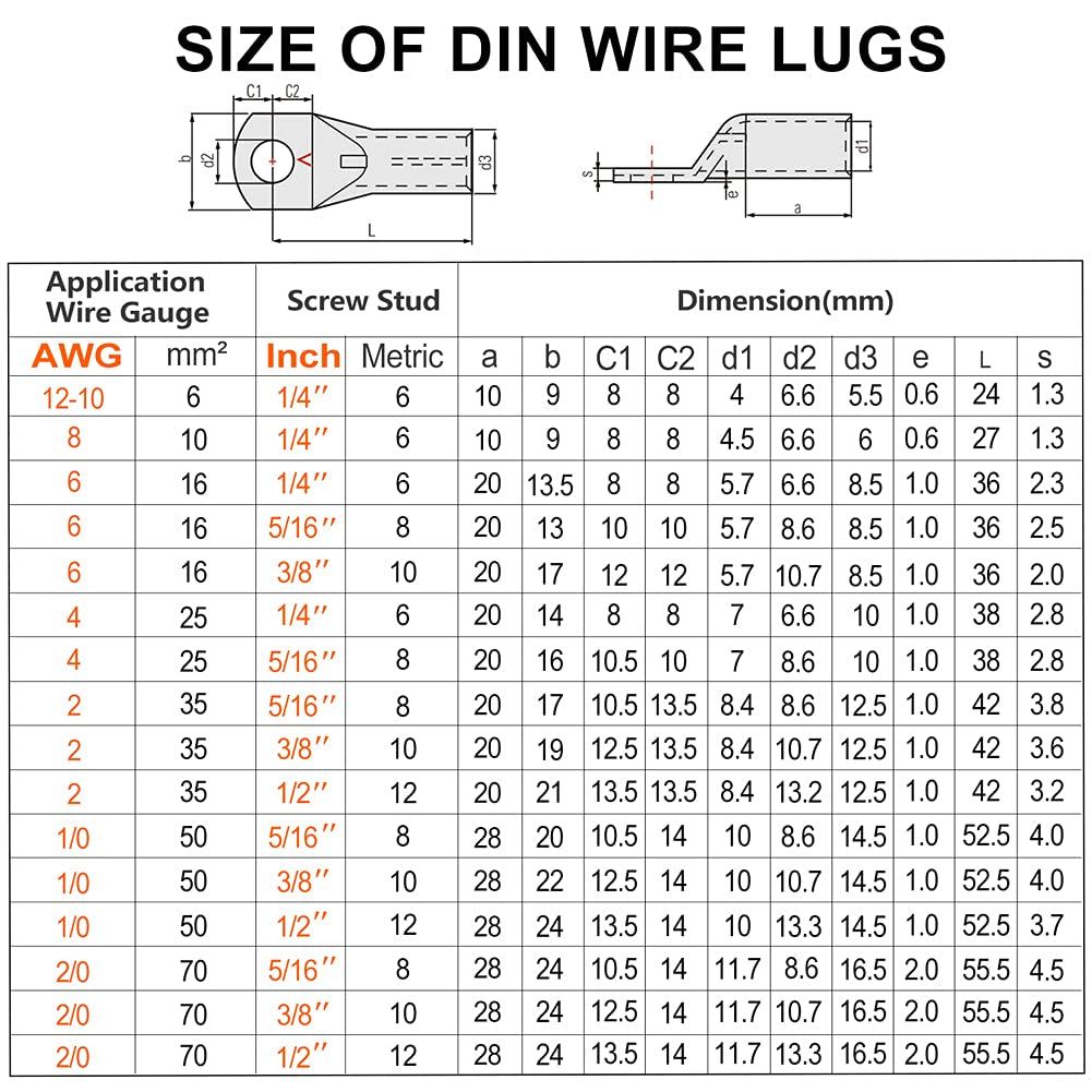 2/0 Gauge Wire Lugs 5/16" Stud (M8) 4 Pcs UL Heavy Duty Battery Cable Lugs 2/0 AWG 5/16" Cable Ends Copper Lugs Ring Terminal Connectors DIN 46235