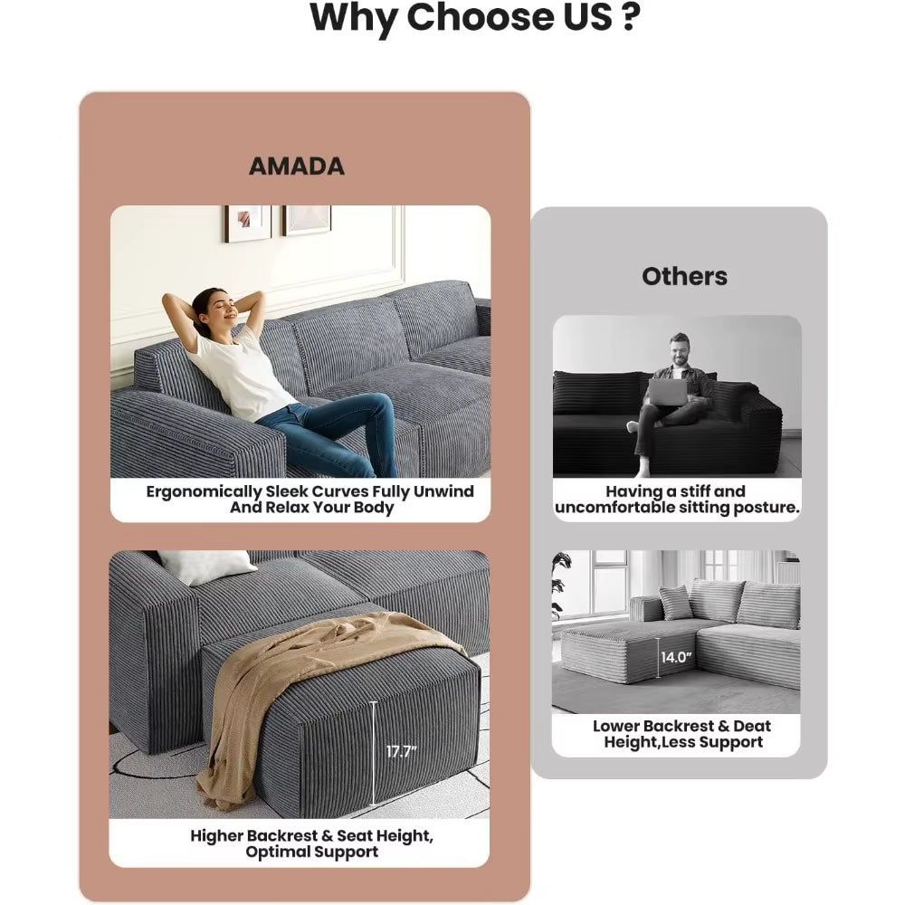 80 L Shaped Sofa Modular, Corduroy Couches with Deep Seats &High-Back, Upholstered Couches for Living Room Bedroom