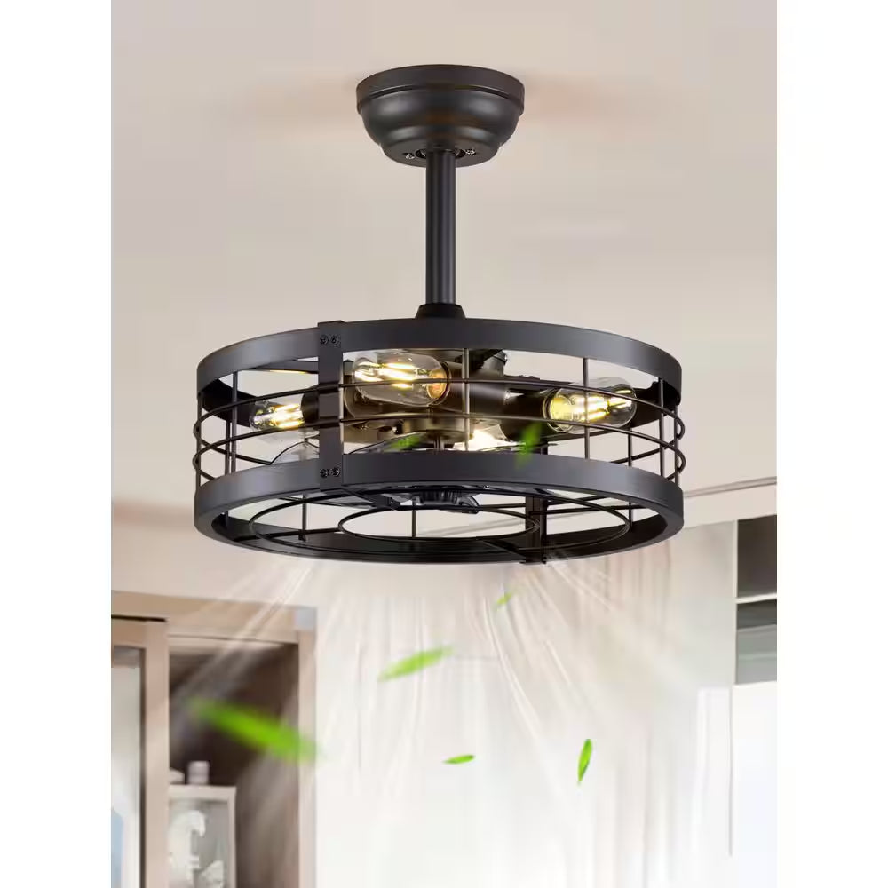 16.5 In. Indoor Black Ceiling Fan Caged Ceiling Fan with Lights and Remote Industrial Enclosed Ceiling Fan