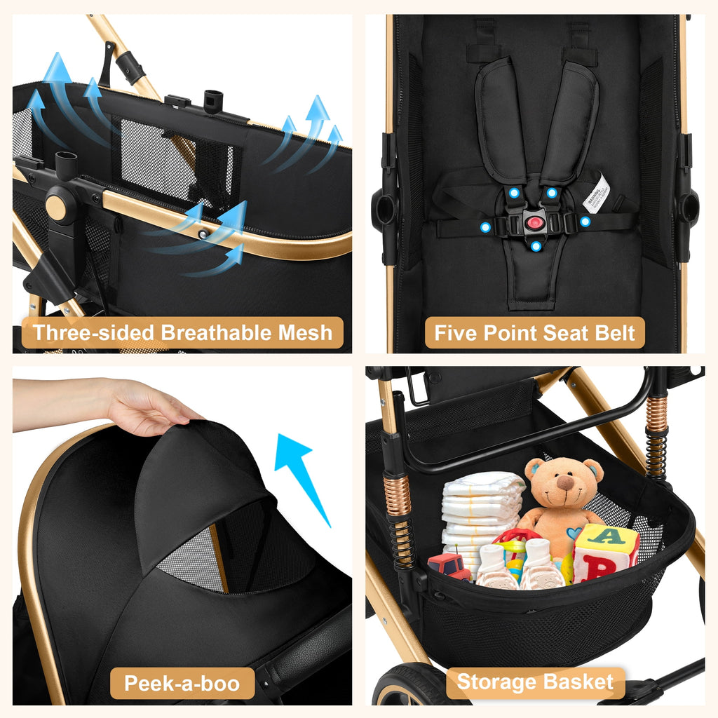 Baby Stroller, Foldable Aluminum Alloy Stroller with Reversible, Travel Stroller for Newborn Infant, Black