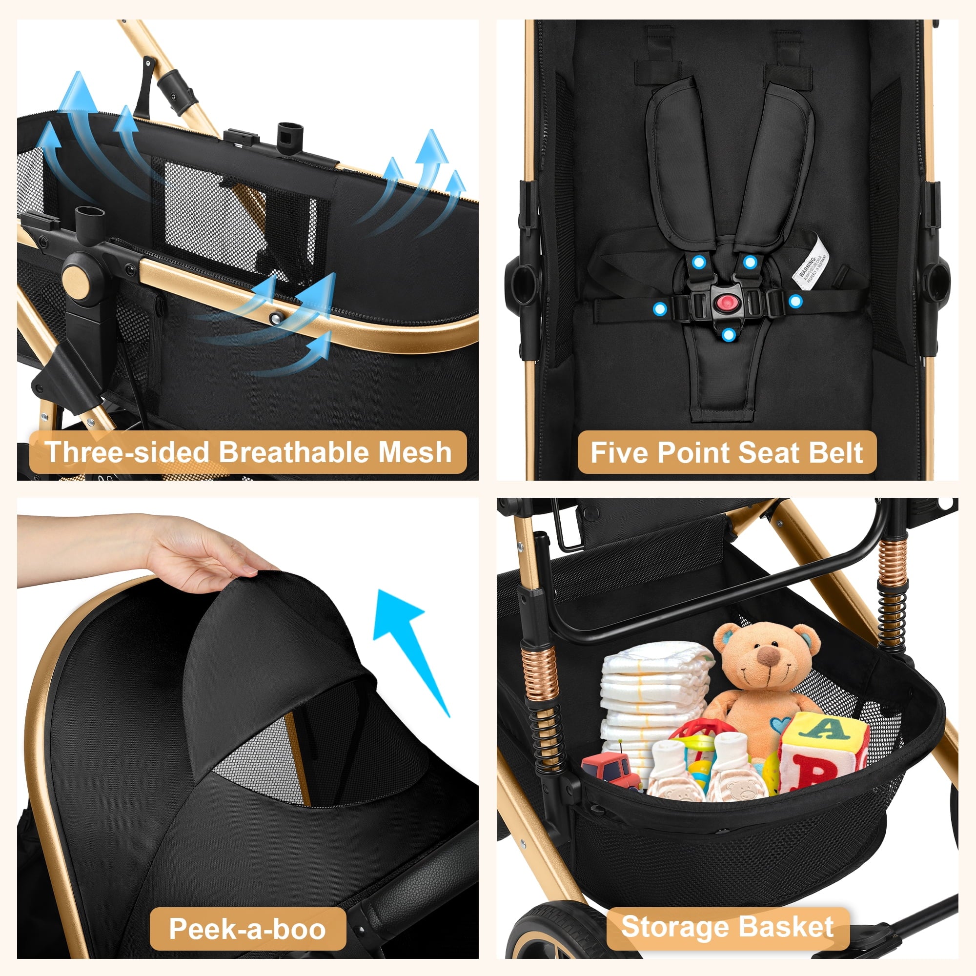 Baby Stroller, Foldable Aluminum Alloy Stroller with Reversible, Travel Stroller for Newborn Infant, Black