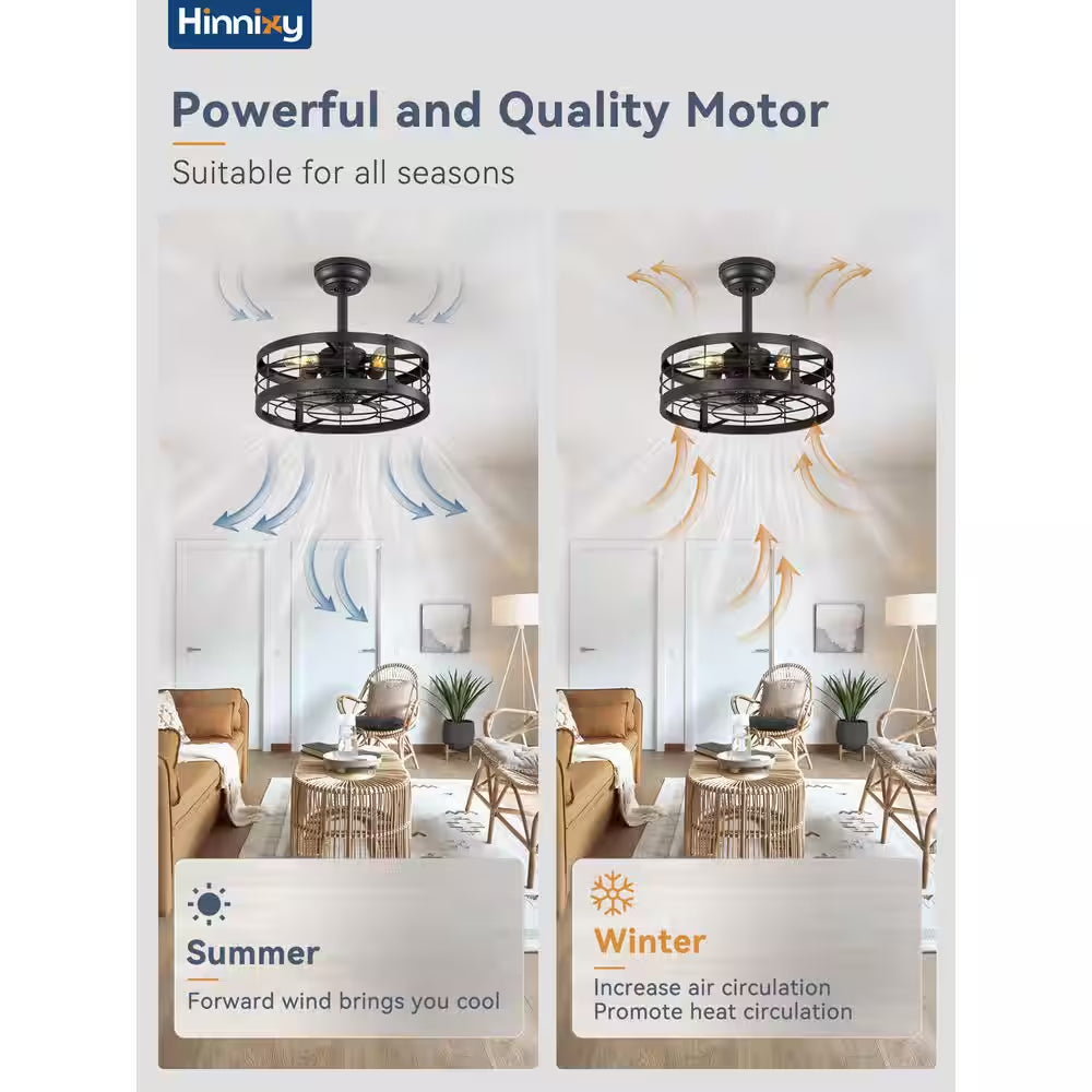 16.5 In. Indoor Black Ceiling Fan Caged Ceiling Fan with Lights and Remote Industrial Enclosed Ceiling Fan