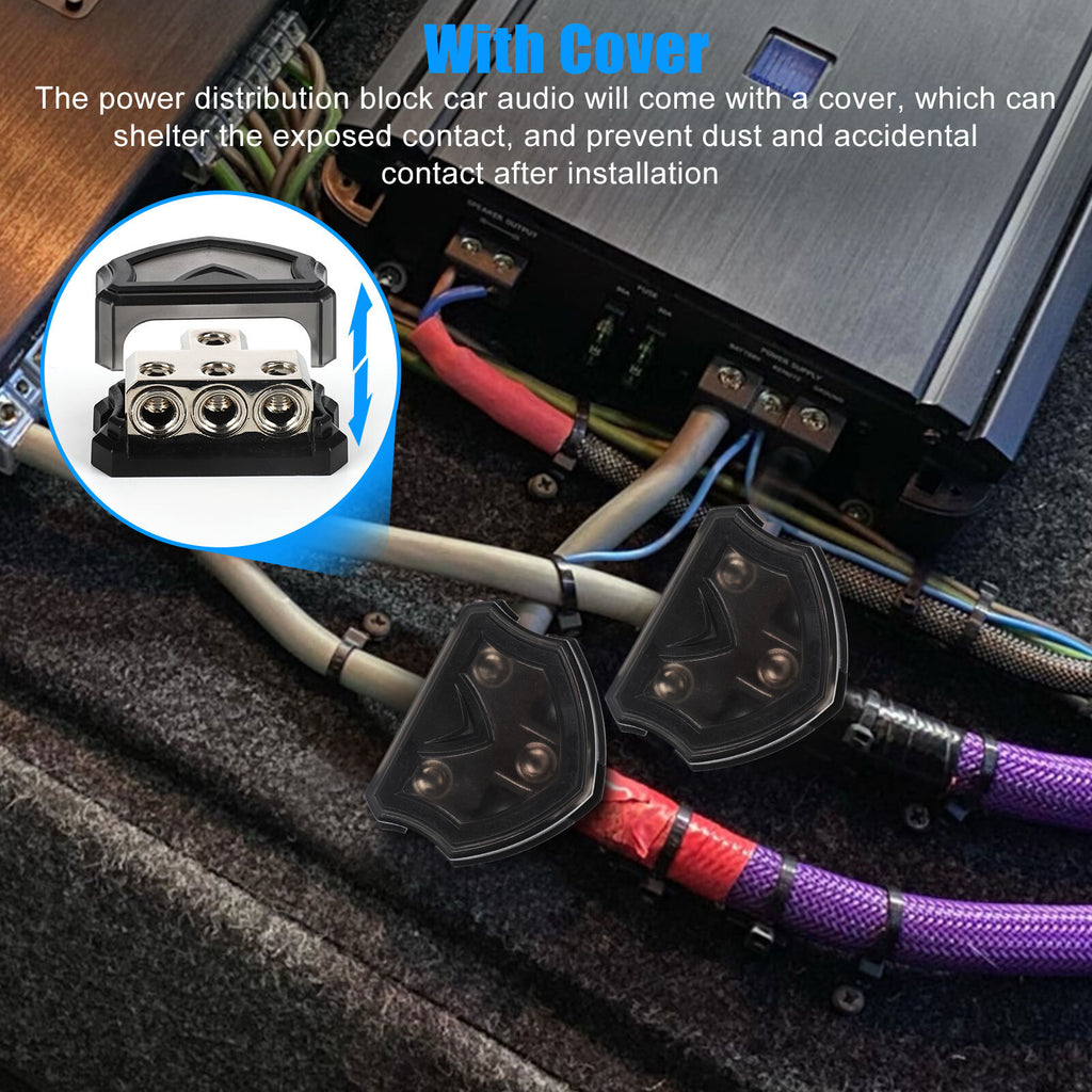 2PCS 3 Way 0 Gauge Input to 0 Gauge Output Power Ground Amp Distribution Block