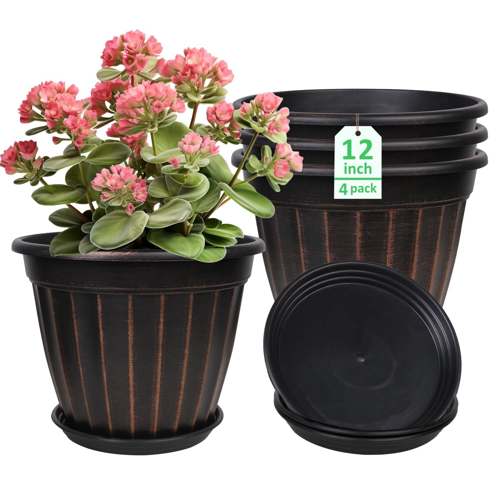 12 Inch Pots for Plants 4 Pack Tall Planters Large Flower with Drainage Hole