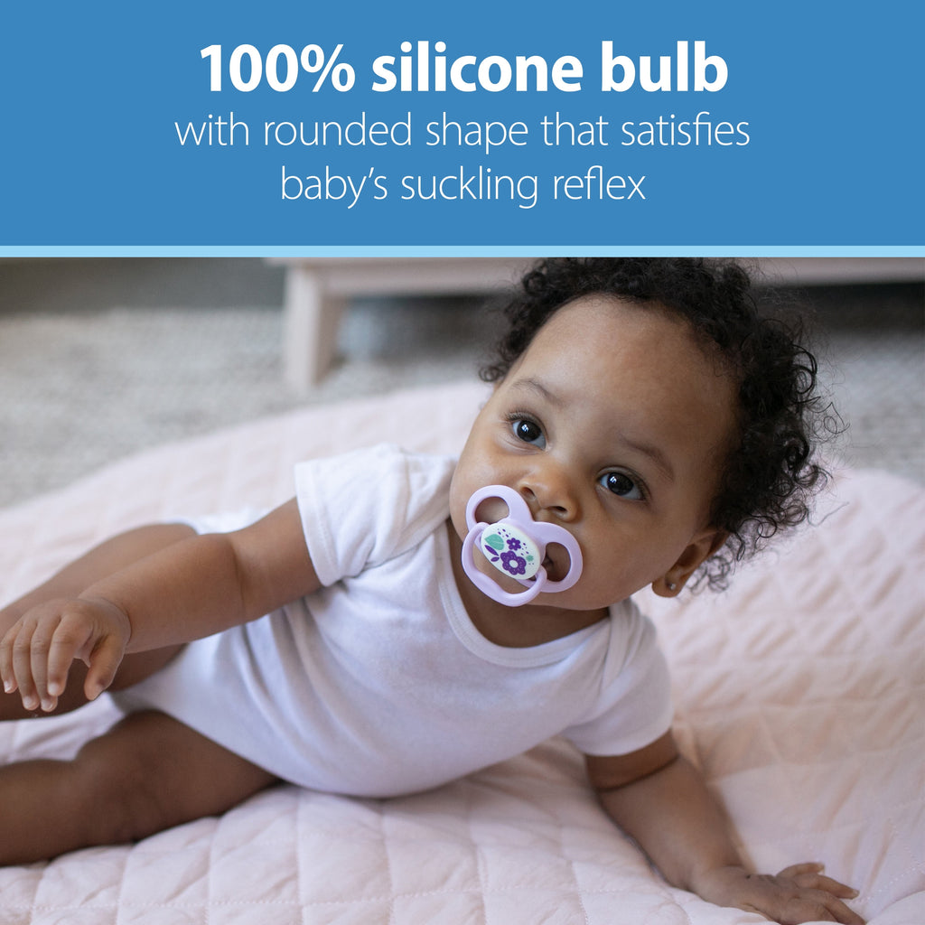 Advantage Baby Pacifier, Fully Symmetrical, Silicone Bulb, 6-18M, BPA Free, Squirrel/Glow, 4 Pack