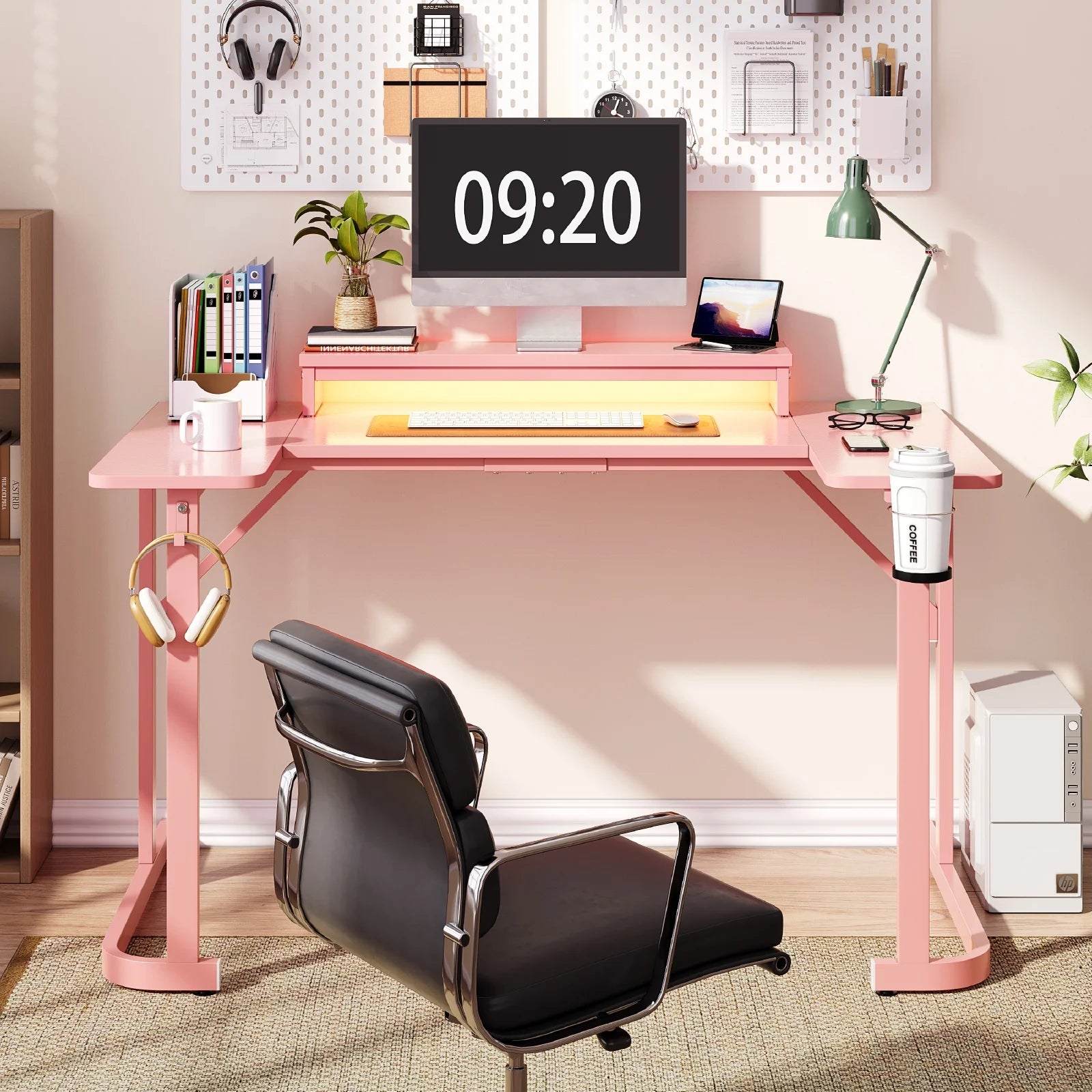 51 Inch Pink Gaming Desk with LED Lights, U-Shaped Computer Desk with Monitor Stand, Hooks and Cup Holder, Home Office Desk