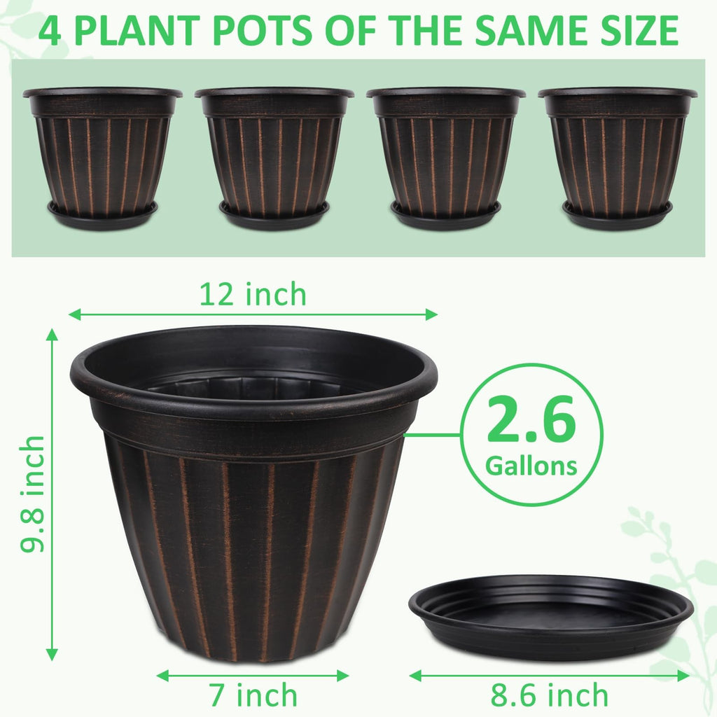 12 Inch Pots for Plants 4 Pack Tall Planters Large Flower with Drainage Hole