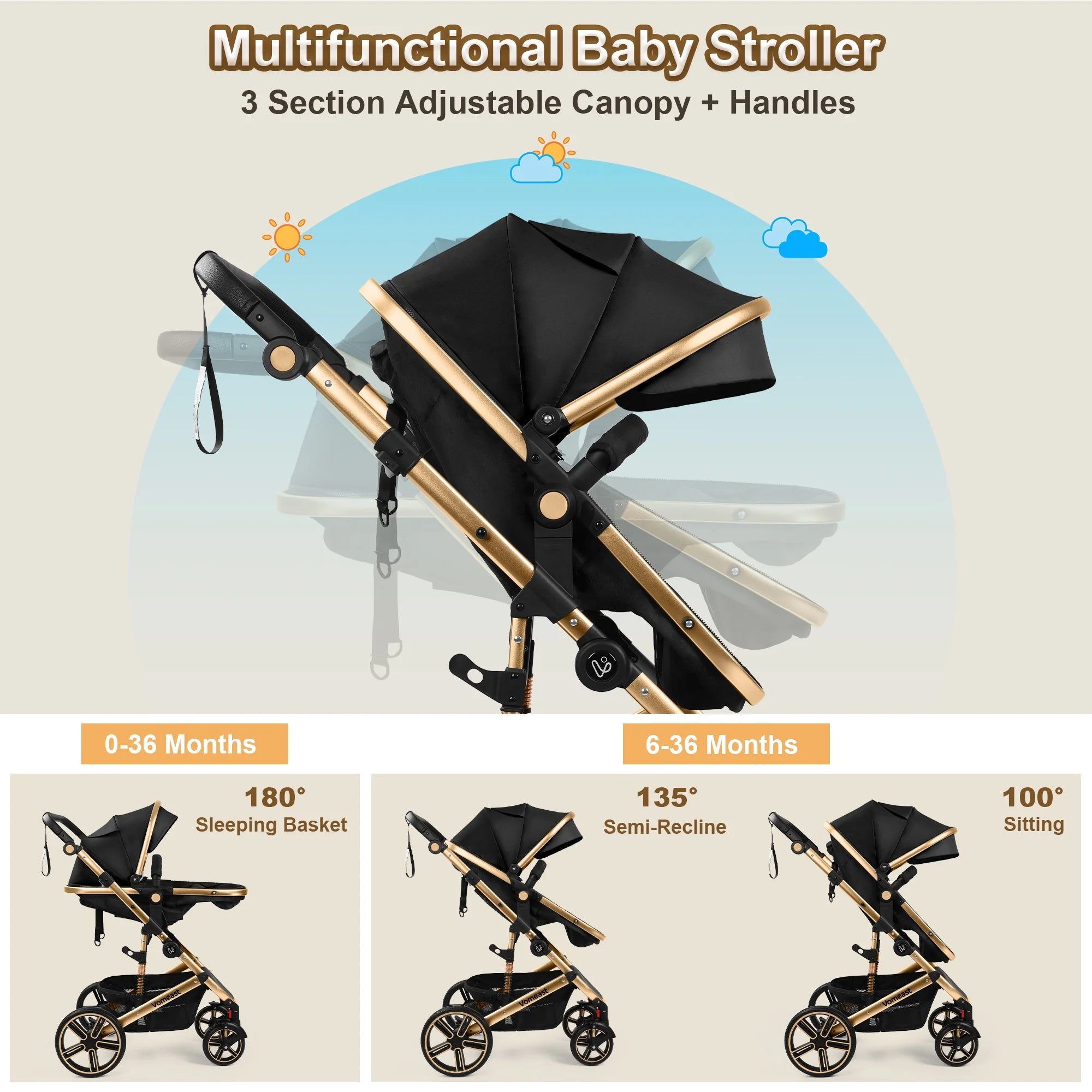 Baby Stroller, Foldable Aluminum Alloy Stroller with Reversible, Travel Stroller for Newborn Infant, Black