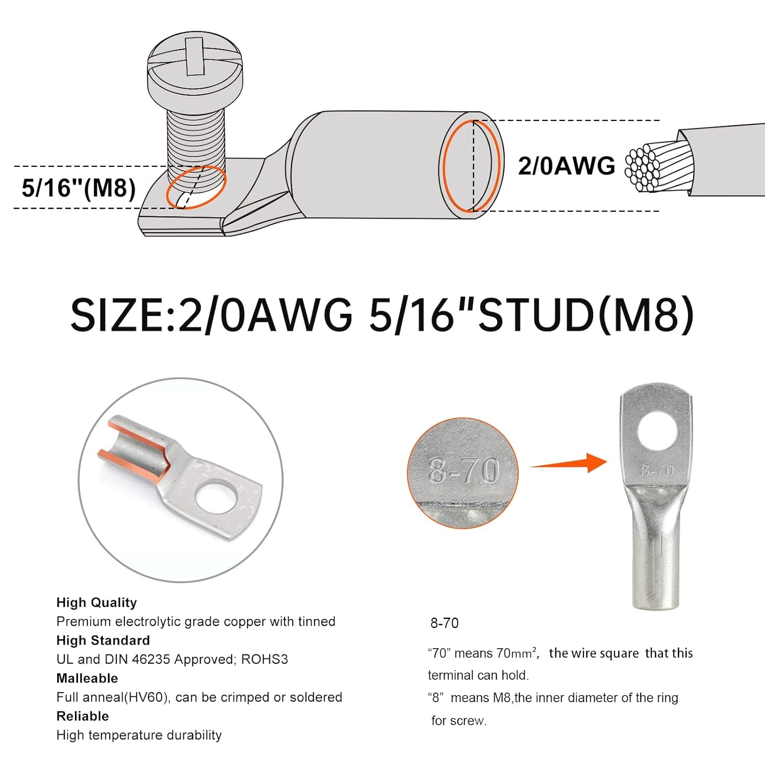 2/0 Gauge Wire Lugs 5/16" Stud (M8) 4 Pcs UL Heavy Duty Battery Cable Lugs 2/0 AWG 5/16" Cable Ends Copper Lugs Ring Terminal Connectors DIN 46235