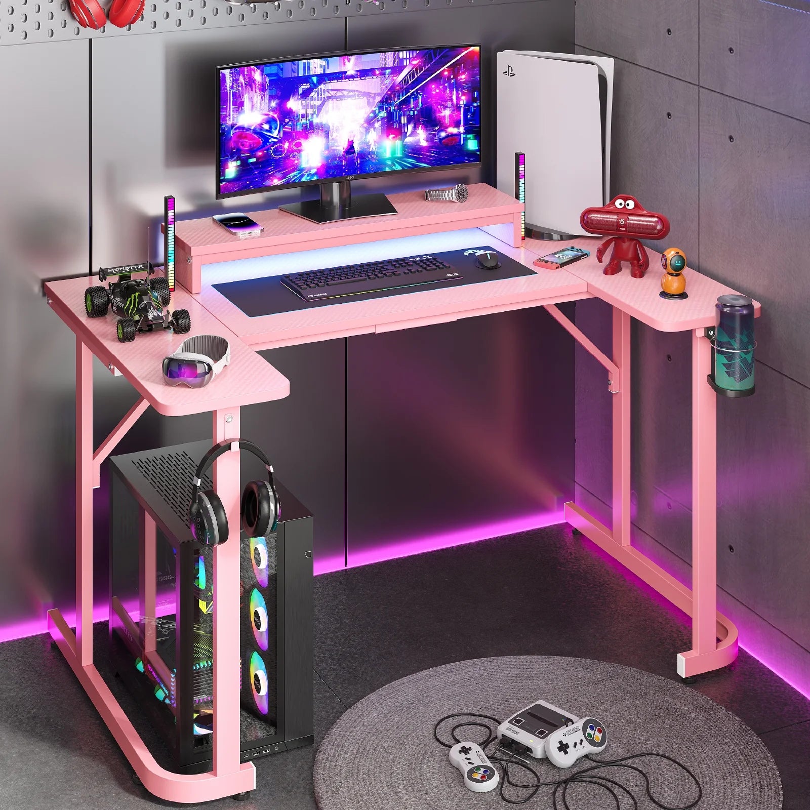 51 Inch Pink Gaming Desk with LED Lights, U-Shaped Computer Desk with Monitor Stand, Hooks and Cup Holder, Home Office Desk