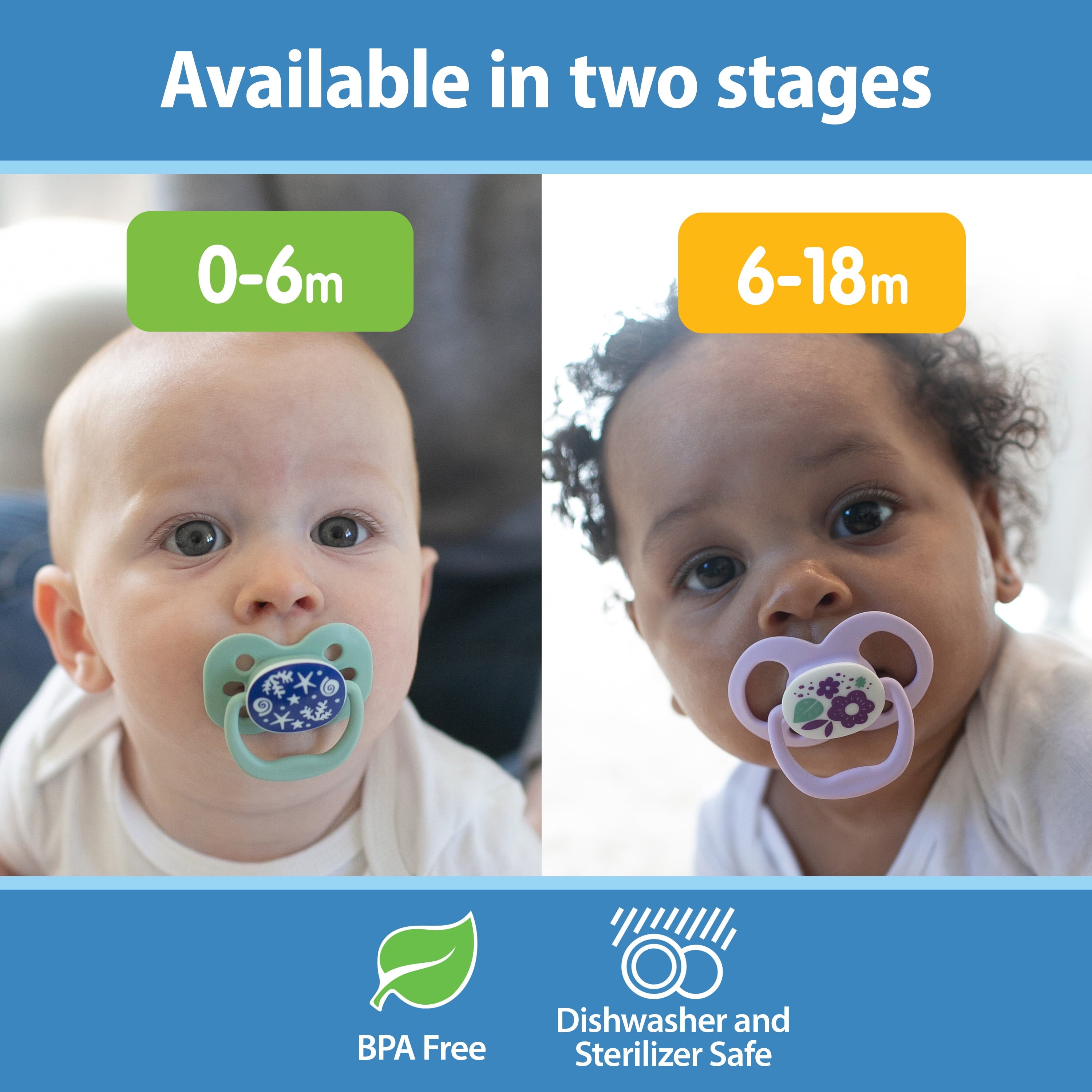 Advantage Baby Pacifier, Fully Symmetrical, Silicone Bulb, 6-18M, BPA Free, Squirrel/Glow, 4 Pack