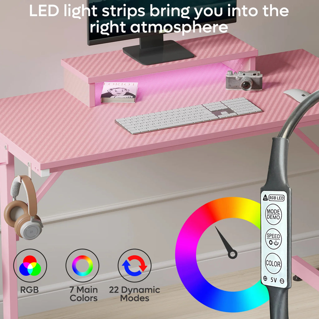 42" LED Gaming Desk PC Computer Office Gamer Table Desk with Monitor Stand, Pink