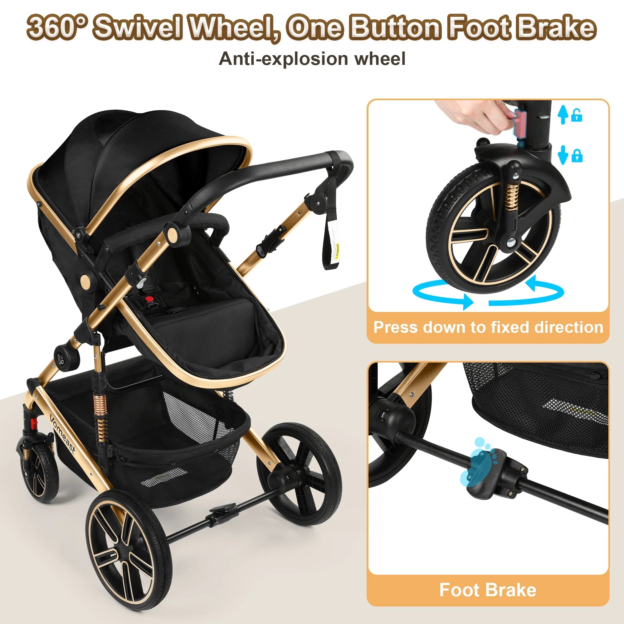 Baby Stroller, Foldable Aluminum Alloy Stroller with Reversible, Travel Stroller for Newborn Infant, Black