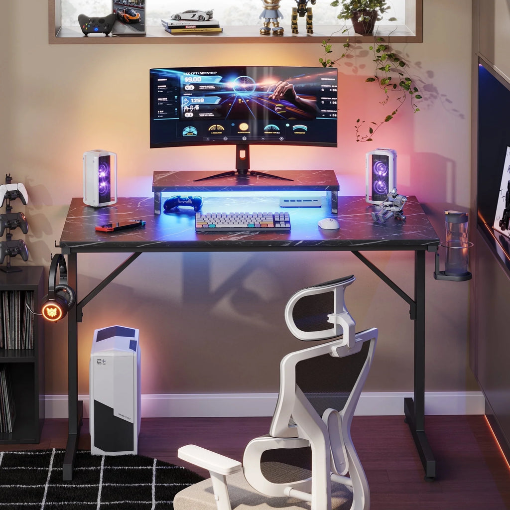 42" LED Gaming Desk PC Computer Office Gamer Table Desk with Monitor Stand in Black Marble