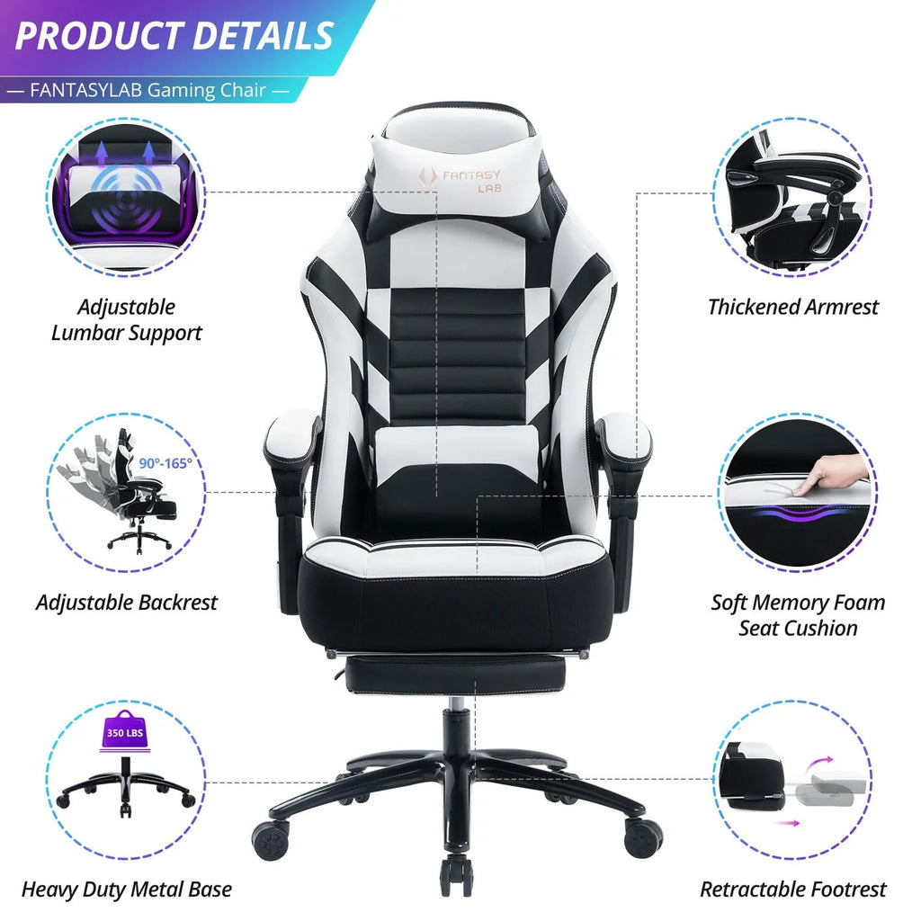 Big and Tall Gaming Chair with Footrest 401Lbs Massage Gamer Chair with Memory Foam Adjustable Tilt Back Angle & Armrest, High Back Leather Computer Office Chair