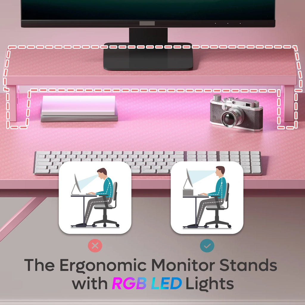 42" LED Gaming Desk PC Computer Office Gamer Table Desk with Monitor Stand, Pink