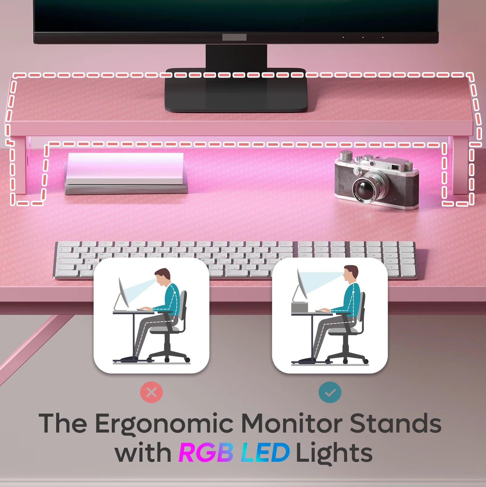 42" LED Gaming Desk PC Computer Office Gamer Table Desk with Monitor Stand, Pink