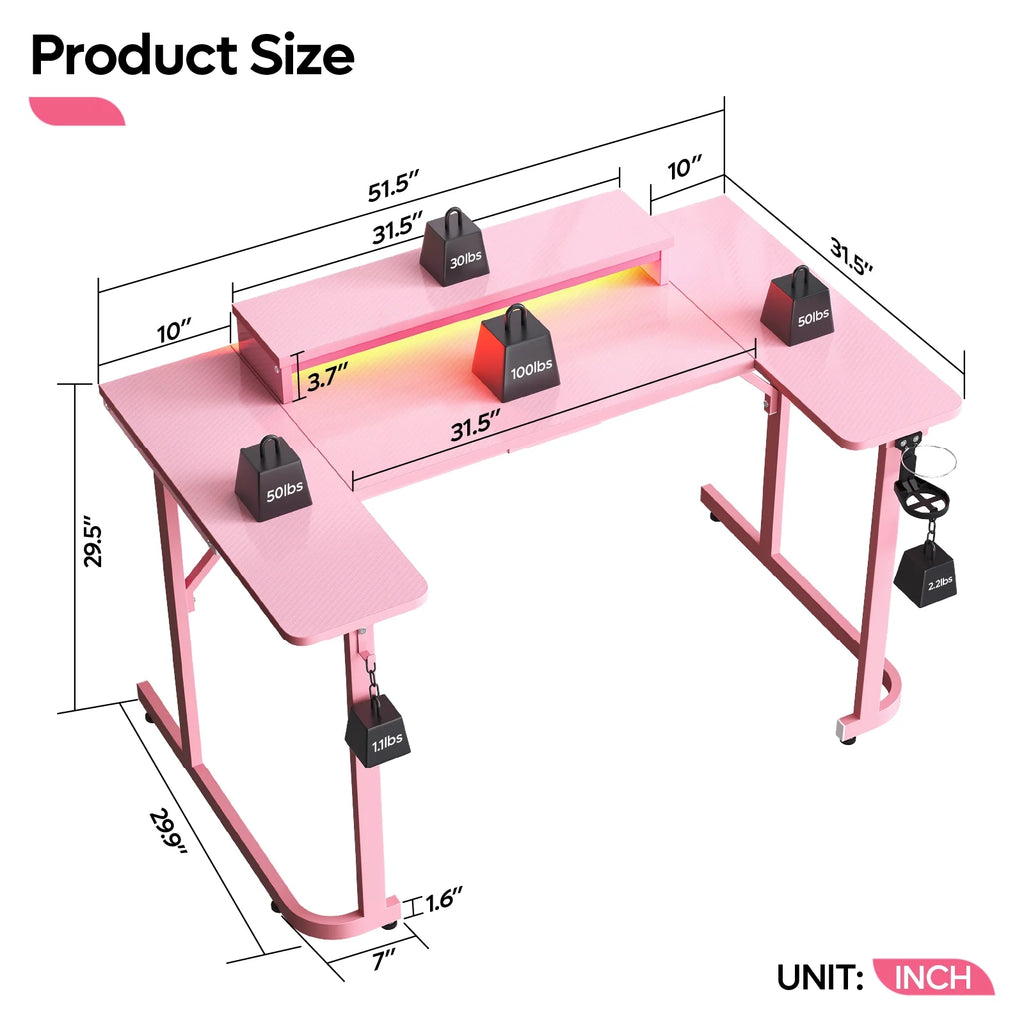 51 Inch Pink Gaming Desk with LED Lights, U-Shaped Computer Desk with Monitor Stand, Hooks and Cup Holder, Home Office Desk