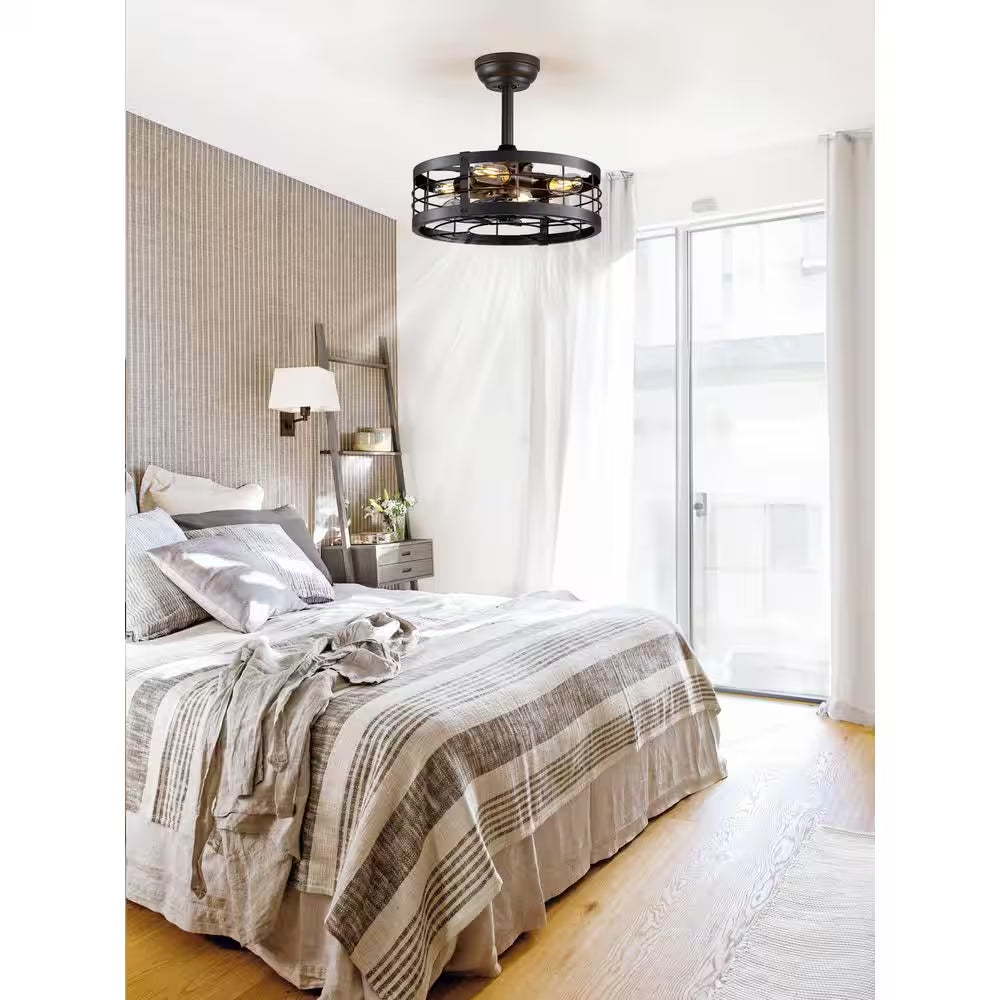 16.5 In. Indoor Black Ceiling Fan Caged Ceiling Fan with Lights and Remote Industrial Enclosed Ceiling Fan