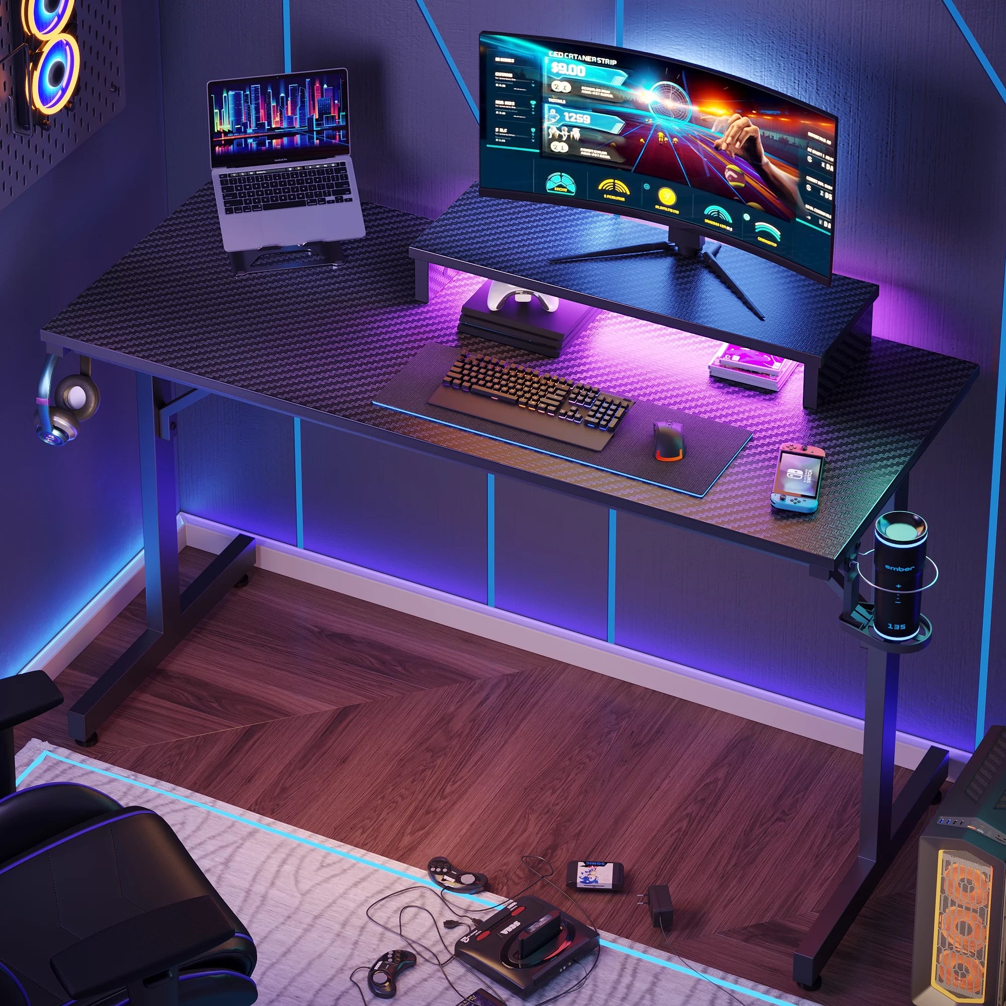 42" PC Computer Gaming Desk with LED Lights & Monitor Stand & Headphone Hook & Cup Holder, Black