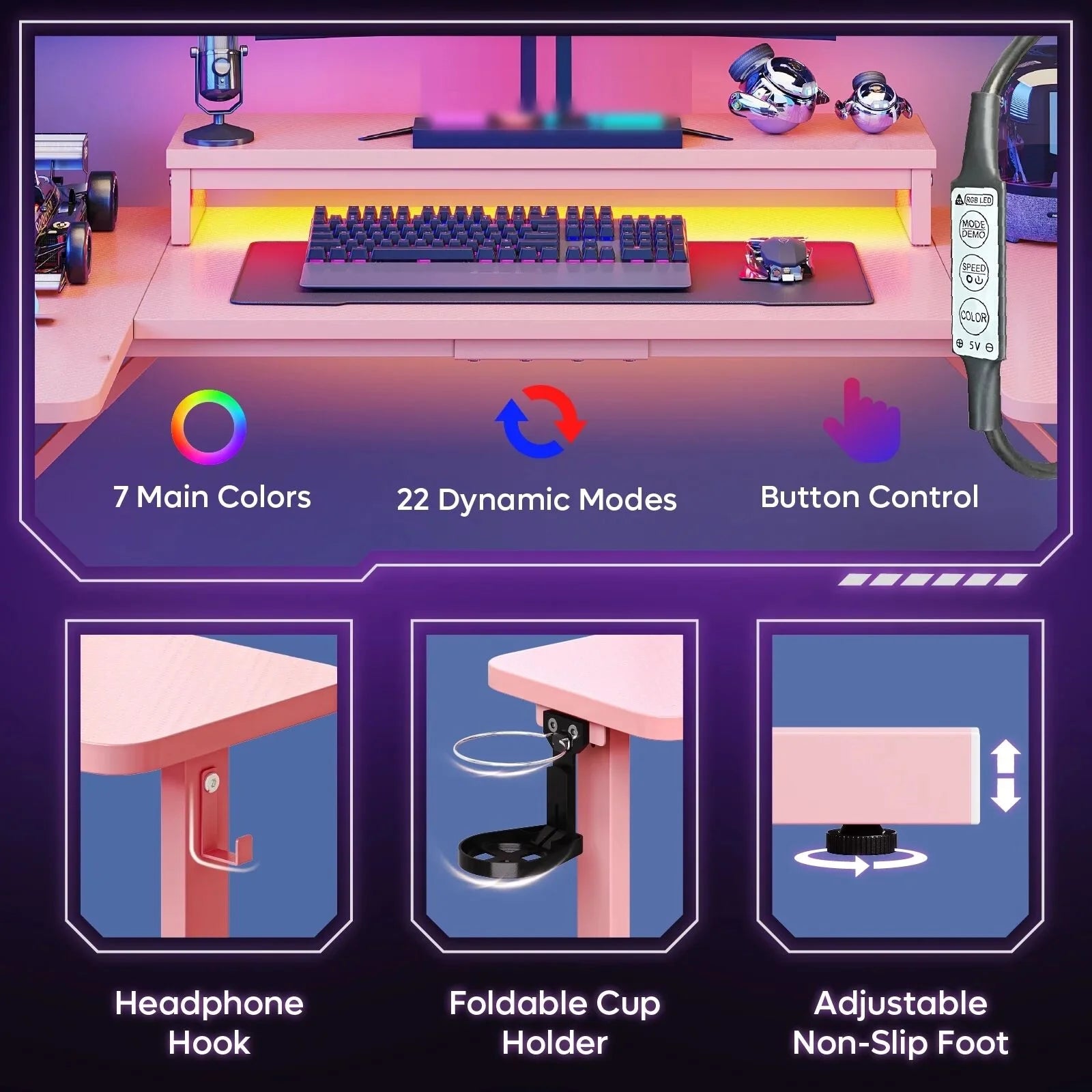 51 Inch Pink Gaming Desk with LED Lights, U-Shaped Computer Desk with Monitor Stand, Hooks and Cup Holder, Home Office Desk