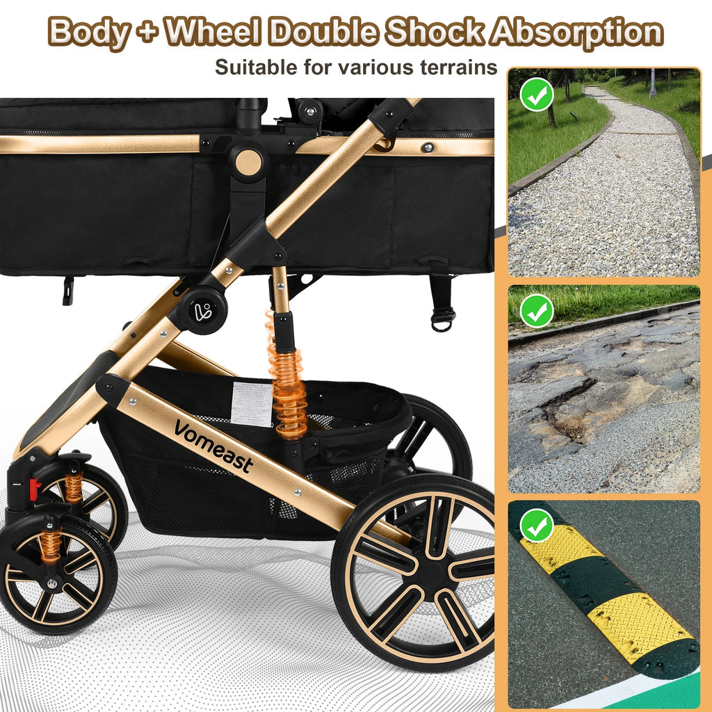 Baby Stroller, Foldable Aluminum Alloy Stroller with Reversible, Travel Stroller for Newborn Infant, Black