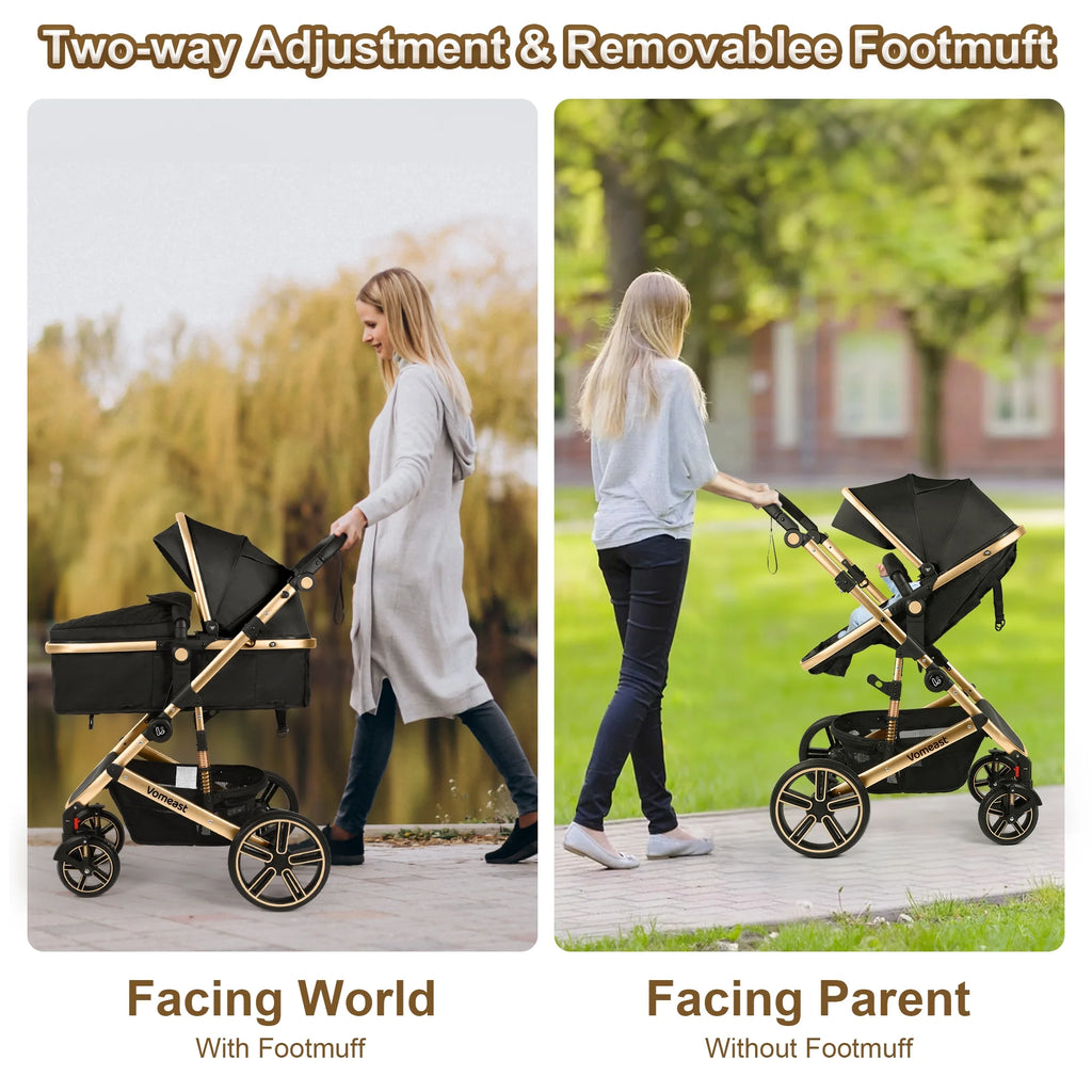 Baby Stroller, Foldable Aluminum Alloy Stroller with Reversible, Travel Stroller for Newborn Infant, Black