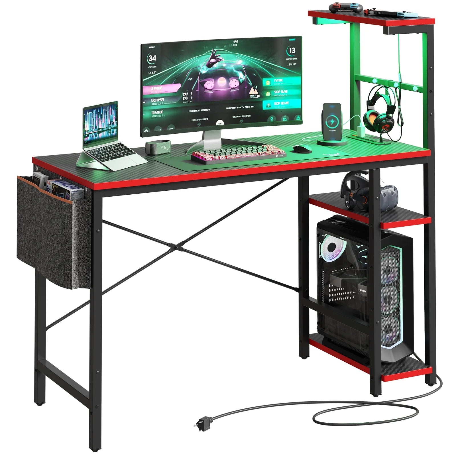 44 Inch LED Gaming Desk with Outlets & USB Ports Computer Desk with Storage Shelves in Black Carbon Fiber