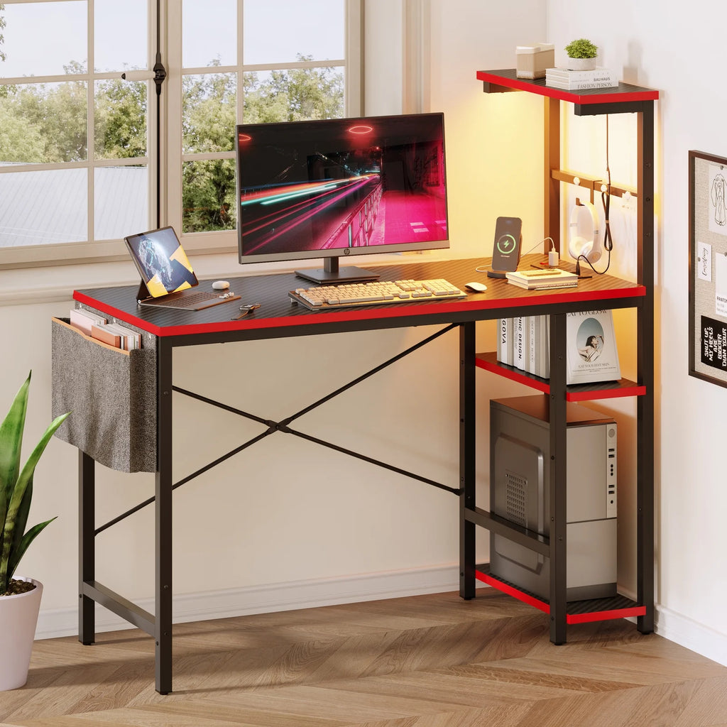 44 Inch LED Gaming Desk with Outlets & USB Ports Computer Desk with Storage Shelves in Black Carbon Fiber
