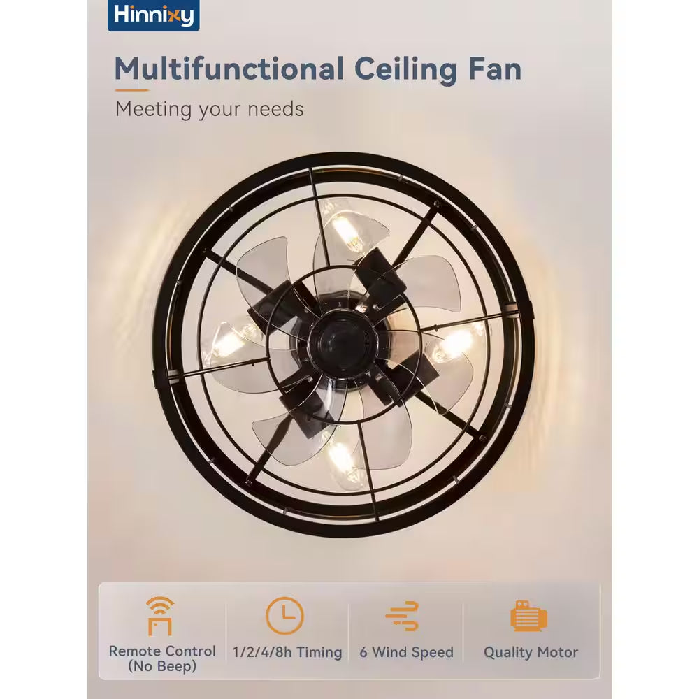 16.5 In. Indoor Black Ceiling Fan Caged Ceiling Fan with Lights and Remote Industrial Enclosed Ceiling Fan