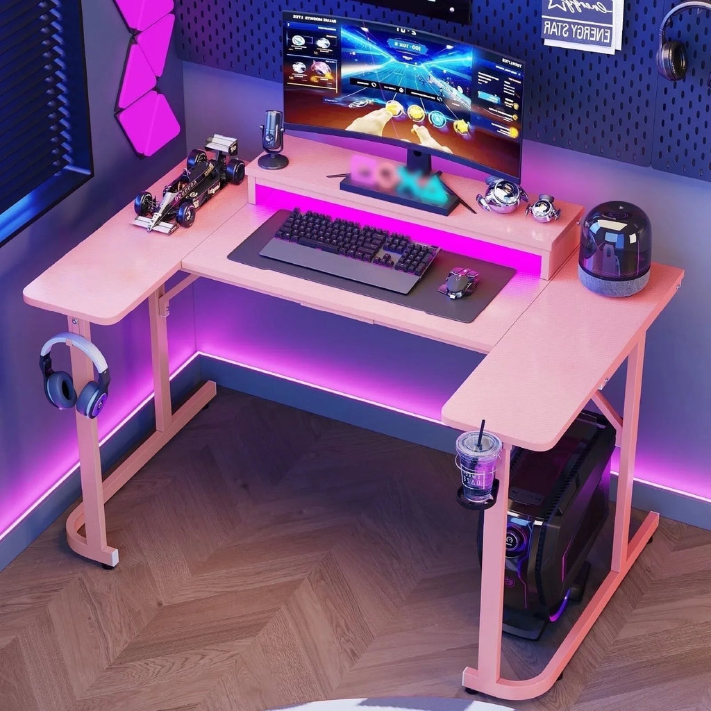 51 Inch Pink Gaming Desk with LED Lights, U-Shaped Computer Desk with Monitor Stand, Hooks and Cup Holder, Home Office Desk