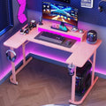 51 Inch Pink Gaming Desk with LED Lights, U-Shaped Computer Desk with Monitor Stand, Hooks and Cup Holder, Home Office Desk