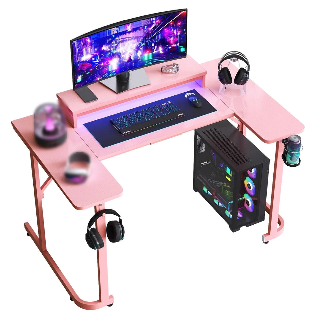 51 Inch Pink Gaming Desk with LED Lights, U-Shaped Computer Desk with Monitor Stand, Hooks and Cup Holder, Home Office Desk