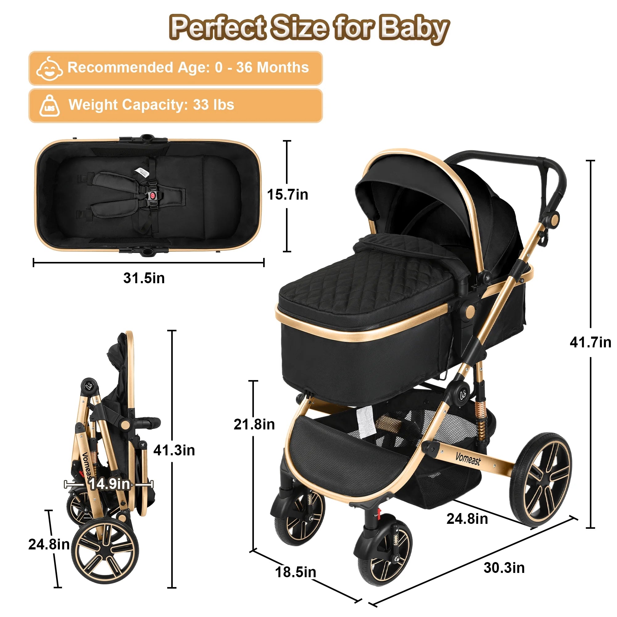 Baby Stroller, Foldable Aluminum Alloy Stroller with Reversible, Travel Stroller for Newborn Infant, Black