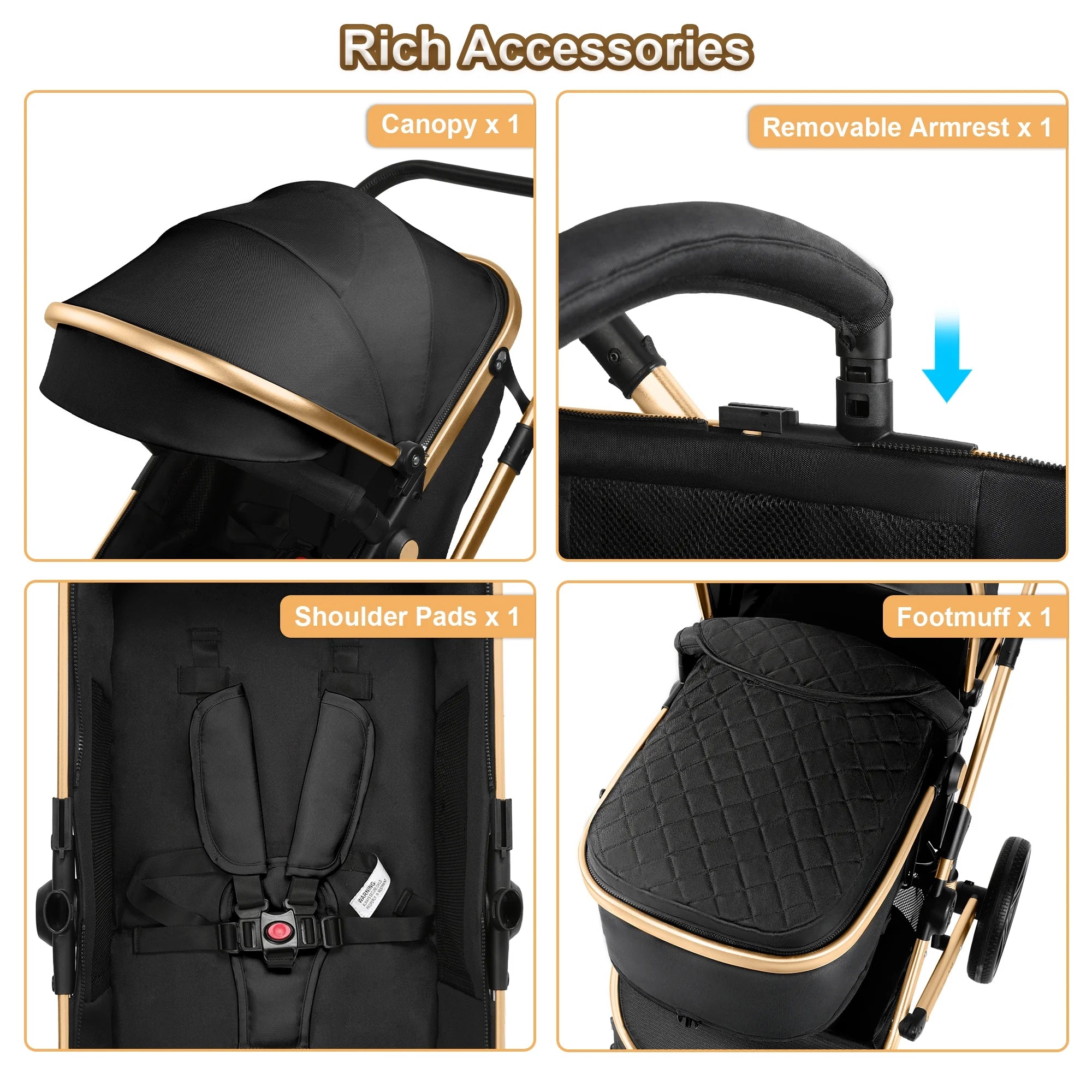 Baby Stroller, Foldable Aluminum Alloy Stroller with Reversible, Travel Stroller for Newborn Infant, Black