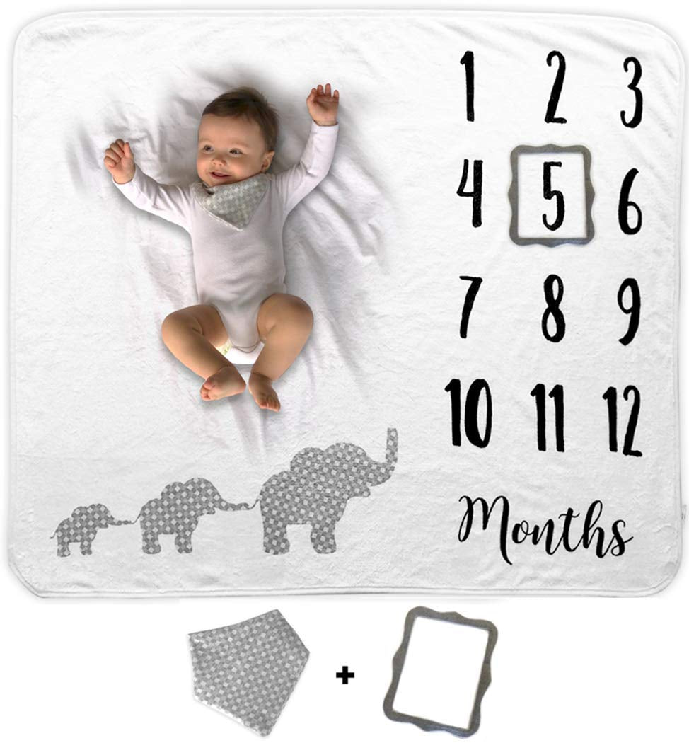 Baby Monthly Milestone Blanket | Includes Bib and Picture Frame | 1 to 12 Months | 100% Organic Fleece Extra Soft | Best Baby Shower Gift | Photography Backdrop Photo Prop for Newborn Boy & Girl