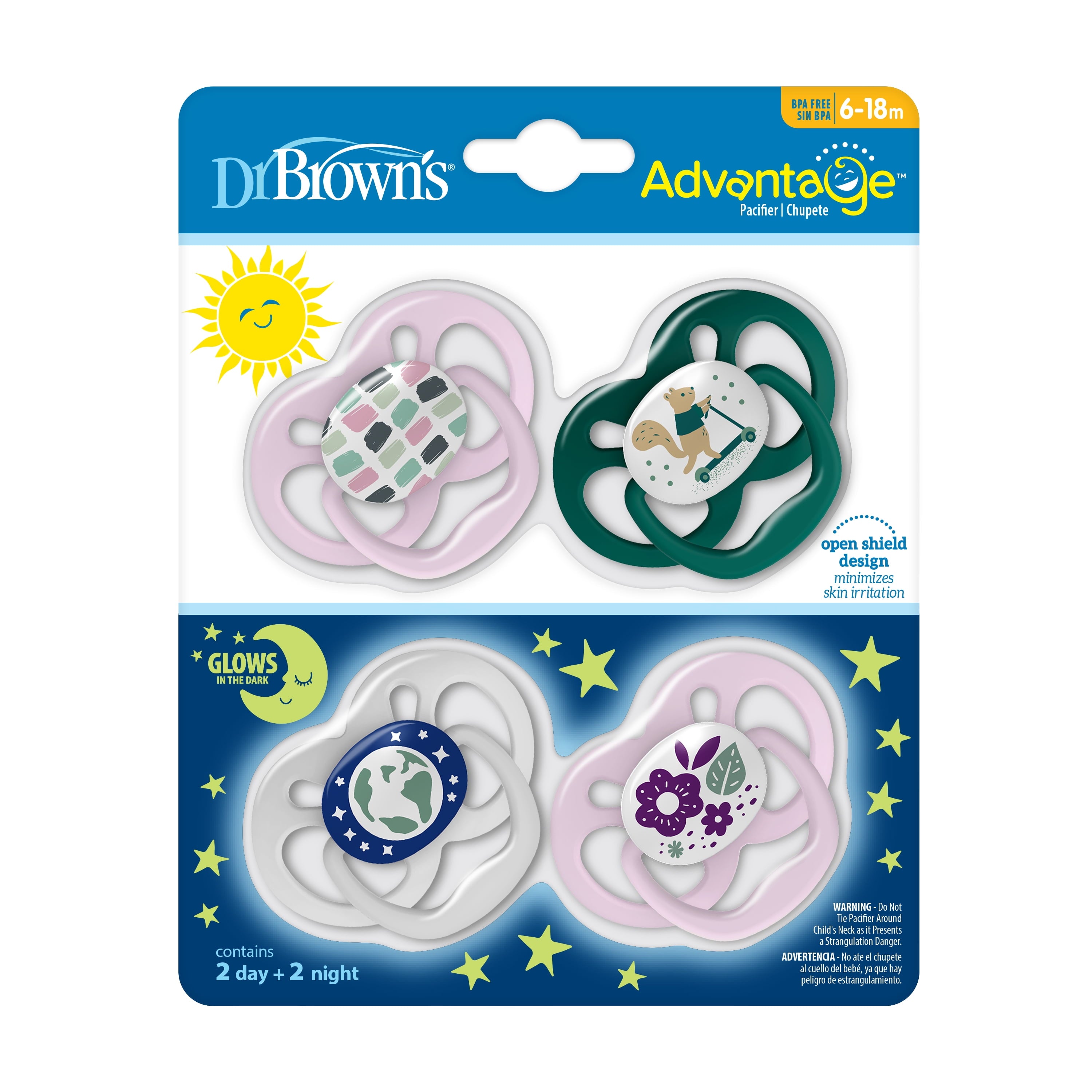 Advantage Baby Pacifier, Fully Symmetrical, Silicone Bulb, 6-18M, BPA Free, Squirrel/Glow, 4 Pack